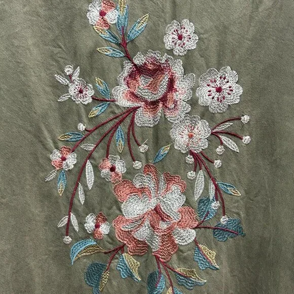 New Look Olive Green Embroidered Floral Midi Button Front Boho Shirt Dress Sz 16 - Picture 6 of 7